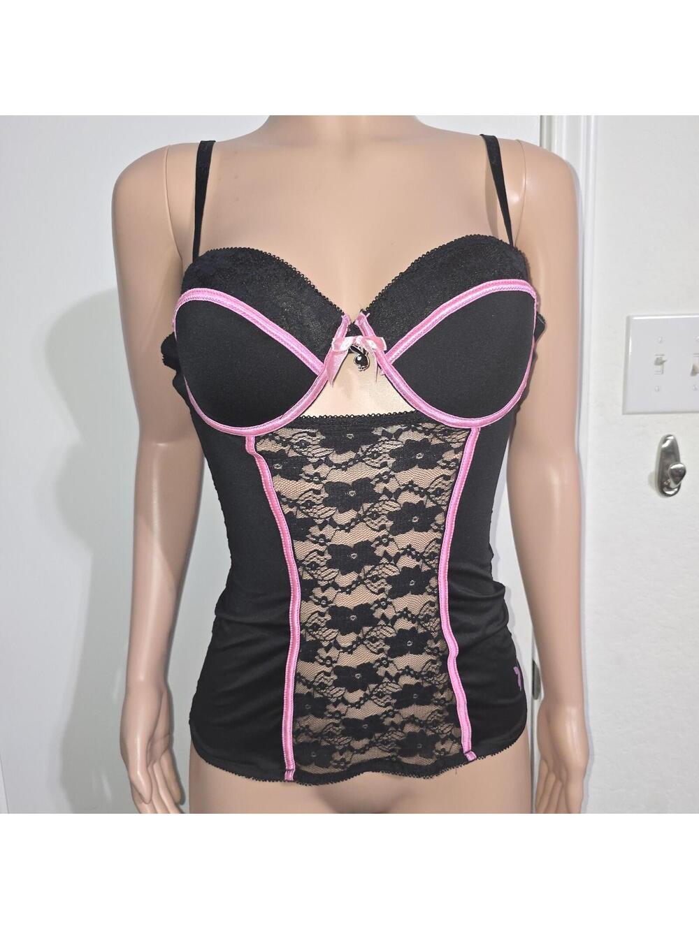 Playboy Intimates Black & Pink Lace Corset Top Feminine Sexy Lingerie Sz L